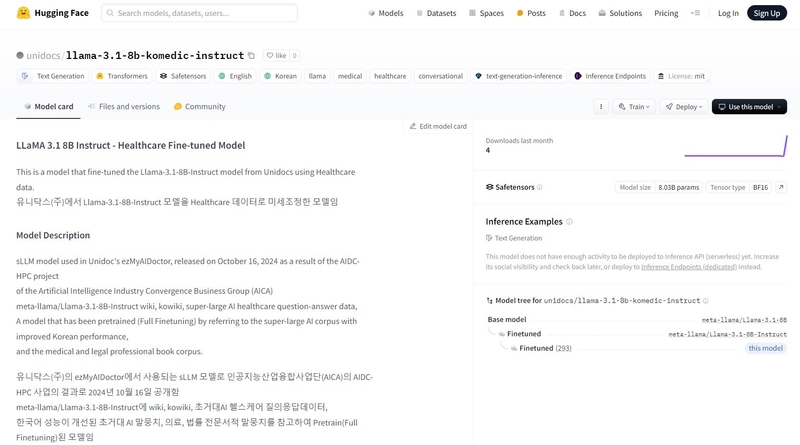 유니닥스, 헬스케어 sLLM 허깅페이스에 무료 공개